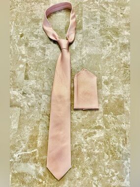 DiBanGu 100% Silk Mens Tie and Pocket Square Blush Pink Peach Metallic